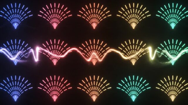 Glowing neon waves oscillating over arranged pattern of radiant fan symbols in this colorful rhythmic digital motion video loop animation