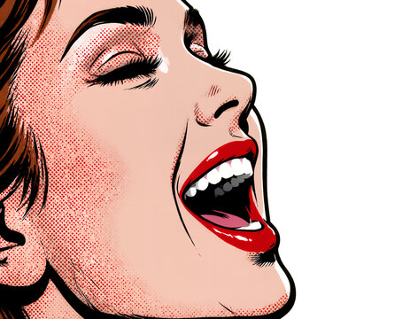 Pop art comic illustration of laughing woman face, dark background