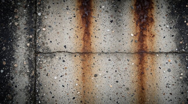Old concrete bridge deck shows aged texture with rust stains and small stones embedded. Cracked pavement surface suggests weathered construction material with rough patterns, ideal for background use.