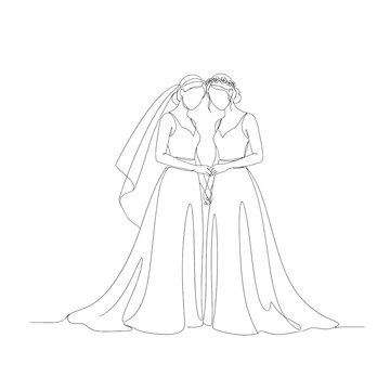 two minimalist continuous line drawing brides, one veiled, one with floral crown, standing side-by-side, hands joined on a stark white background, symbolizing an unbreakable bond