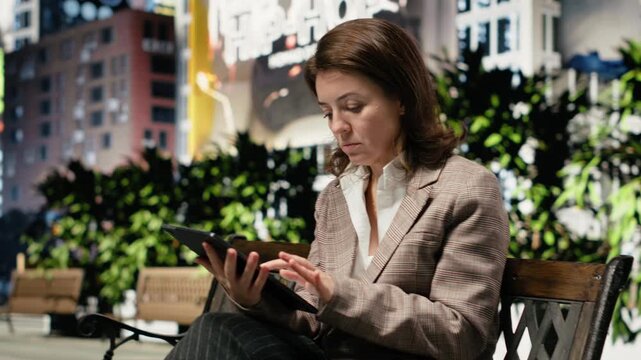 Cheerful businesswoman using tablet on park bench