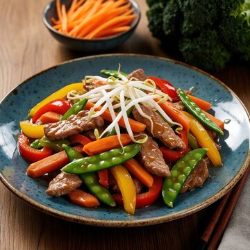 Colorful chop suey with stir fried meat, fresh vegetables in glossy sauce. Beef strips mix with bell peppers, carrots, snap peas, bean sprouts in bowl. Asian cuisine top view on wooden table for