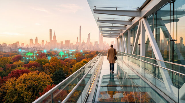 Businessman Walking on Modern Bridge Overlooking Smart City