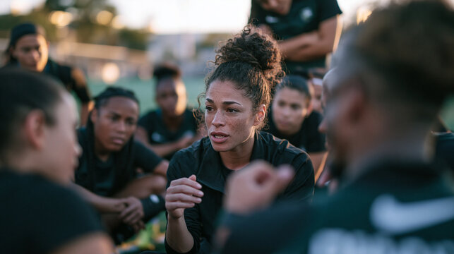 Female Soccer Coach Giving Instructions to Team in Huddle