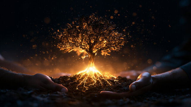 Glowing Tree of Life Protected by Human Hands