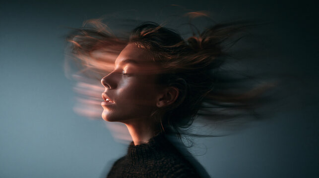 Woman with Closed Eyes and Dynamic Motion Blur Hair