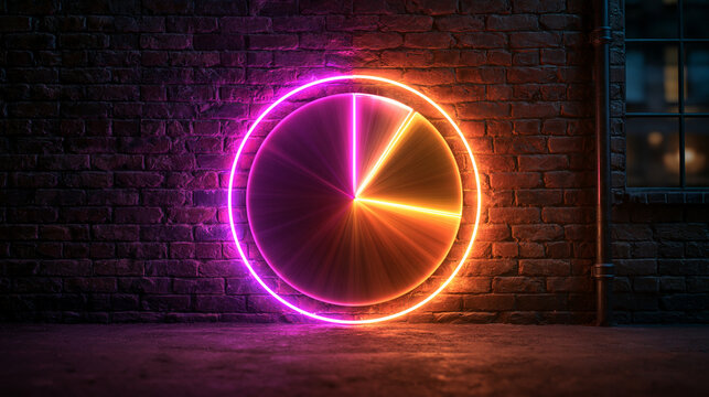 Glowing Neon Circle Light on Dark Brick Wall