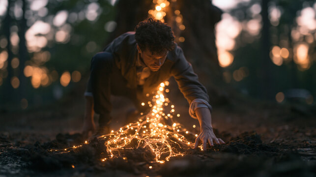 Man Discovering Glowing Light Roots in Forest at Dusk