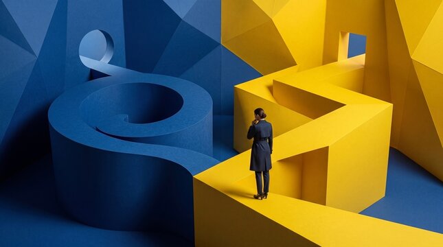Businesswoman Choosing Strategy at Abstract Architectural Crossroads