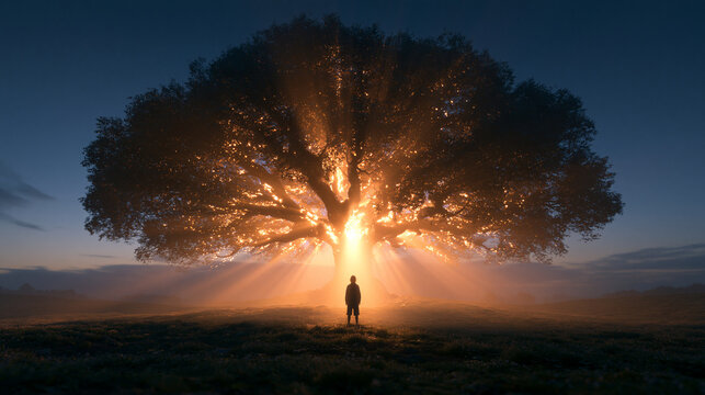 Silhouette of Person Standing Before Glowing Tree of Life