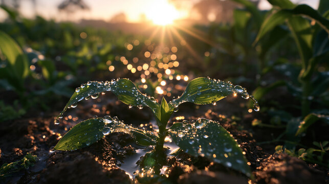 Green Seedling with Dew Drops in Field at Sunrise