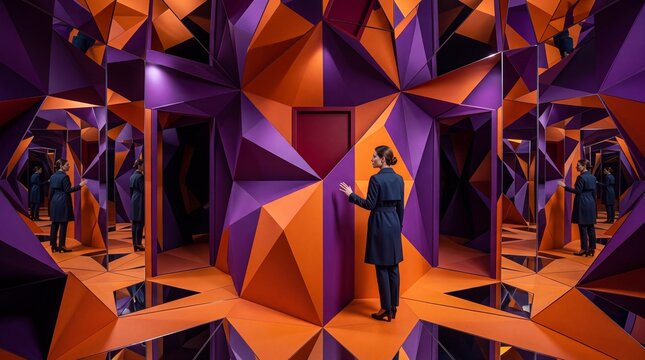 Woman Choosing Doorway in Geometric Mirror Maze