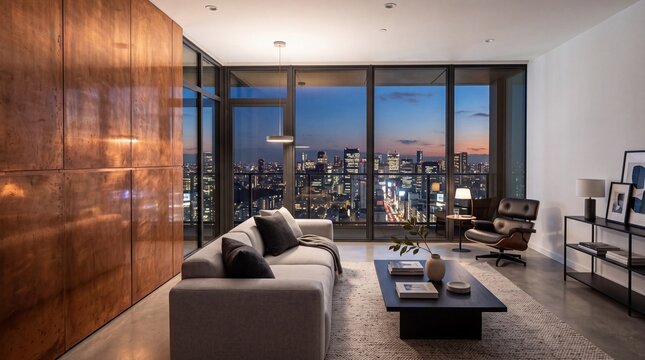 Modern Luxury Penthouse Living Room Overlooking City Skyline at Dusk