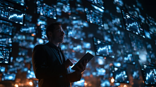 Businessman Analyzing Stock Market Data on Multiple Screens