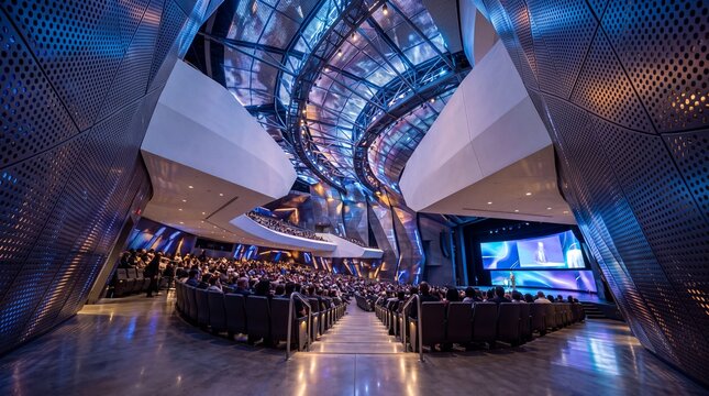 Modern Auditorium with Audience at High Tech Business Conference