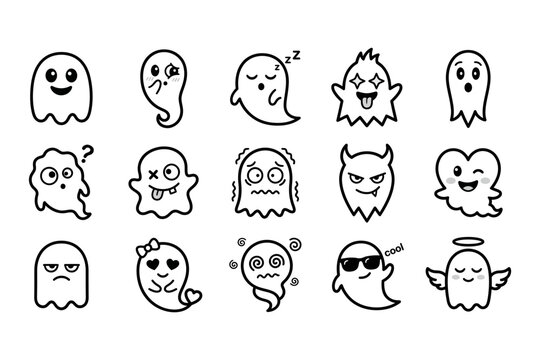 Set of cute hand drawn ghost characters with various funny expressions for halloween design and stickers