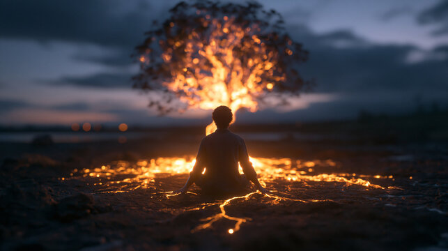 Silhouette of Person Meditating in Front of Glowing Tree