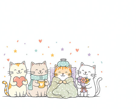 Cute Get Well Cats with Hot Drink, Flowers and Cozy Blanket, Pastel Care Illustration