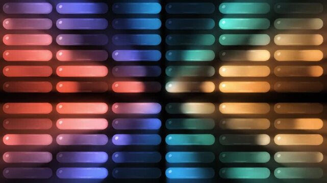 Vibrant grid of glowing rounded rectangles flashing with rhythmic motion in this digital animation sequence for modern abstract graphic backgrounds