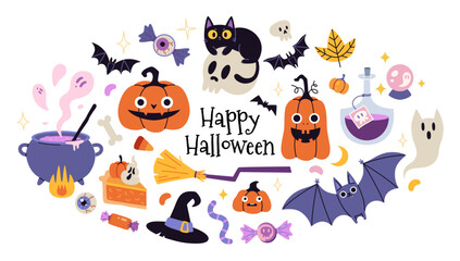 Fototapeta premium Cheerful Happy Halloween round composition with pumpkins, ghosts and bats, perfect for greeting cards, invitations and seasonal decorations. Flat vector illustrations isolated on white background