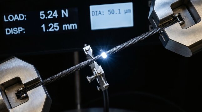 Metal cable undergoing tensile strength testing with digital display showing load and diameter