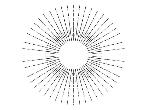 Vintage sunburst graphic element with radial dashed and solid lines forming a circular starburst pattern