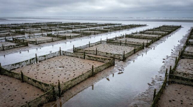 Oyster farm beds at low tide with birds foraging on muddy shore