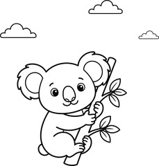 Obraz premium Cute cartoon koala bear holding a branch for children coloring book page line art illustration