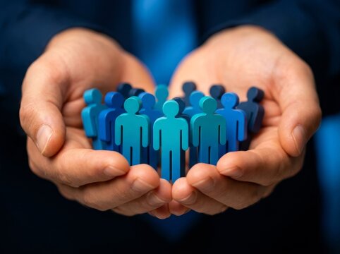 Close-up of hands supporting diverse blue and teal figure cutouts, symbolizing teamwork.
