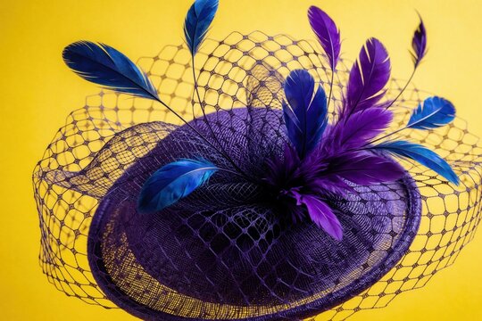 Elegant purple fascinator hat with blue feathers and netting adornment. Stylish headwear accessory for special events, parties, or races. Bright yellow background accentuates design.
