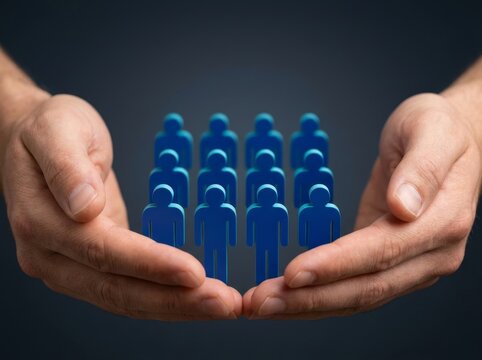 Two hands cradling blue human symbols on a dark background, symbolizing care and community.