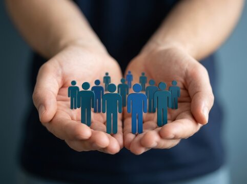 Close-up of hands holding blue human figures, symbolizing teamwork, unity, and people management.
