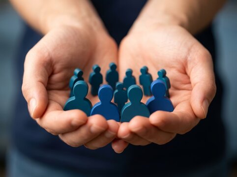 Close-up of hands holding blue human figurines, suggesting unity, teamwork, and support.