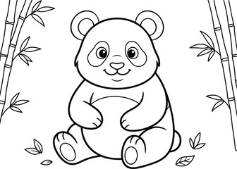 Cute cartoon panda bear sitting in a bamboo forest black and white line art coloring page © Nafiz
