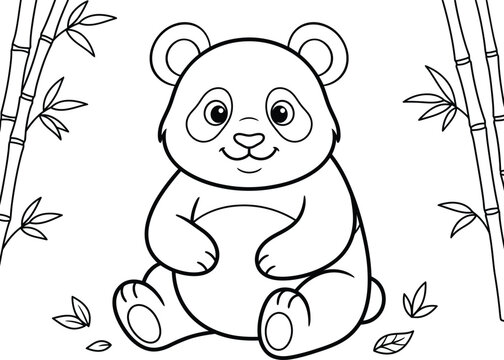 Cute cartoon panda bear sitting in a bamboo forest black and white line art coloring page