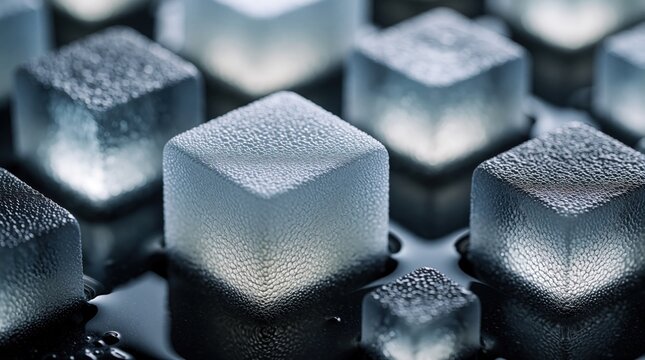 Transparent cubes with textured surfaces display light diffusion. Samples show varying opacity and internal structure with water droplets. Material science concept.