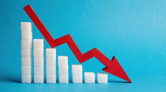 White sugar cubes form a bar chart with a red arrow showing a sharp drop. This symbolizes economic decline, health risks, or a fall in consumption.