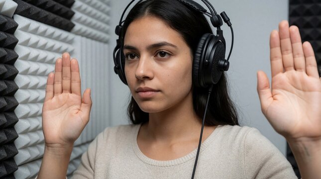 Young woman raises hand during audiometric test in soundproof booth. Patient wears headphones for hearing exam. Doctor checks ear health, listening carefully to signals.
