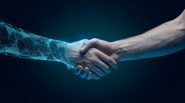 Digital and human hands meeting in a handshake against a dark backdrop, symbolizing technology collaboration.