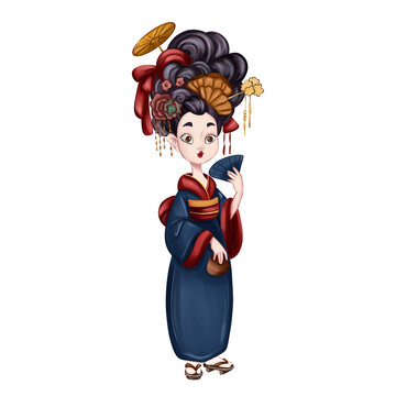 Cute Asian geisha girl in traditional blue kimono with hair accessories vector illustration