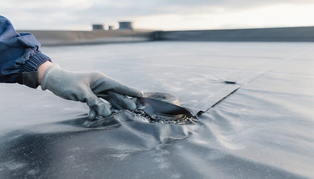 A construction worker inspecting a damaged flat roof membrane surface for leaks.