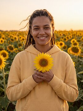 Mulher com girassol em campo para Setembro Amarelo