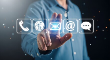 Fototapeta premium A person’s hand selects an app icon from a floating digital interface featuring communication symbols.