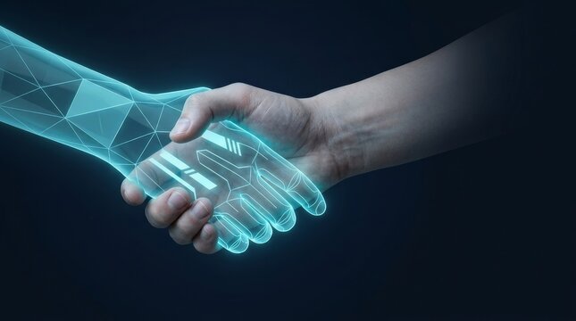 A human hand shakes a glowing holographic hand, symbolizing technology and collaboration. Dark background enhances contrast.