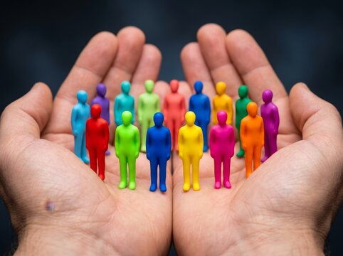 Hands holding vibrant human figures, representing diversity, cooperation, and unity.