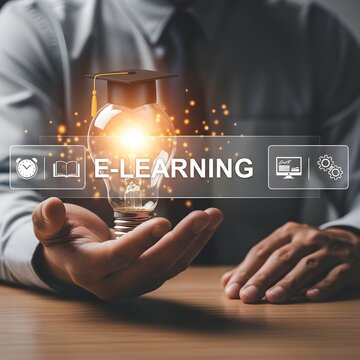 A professional holds a glowing lightbulb icon symbolizing e-learning concepts on a digital interface.