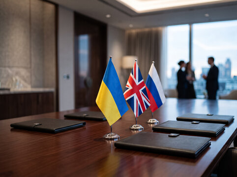 small desktop flags of ukraine the united kingdom and russia stand on a table in a conference room in front of folders emphasizing international negotiations diplomacy and silhouettes