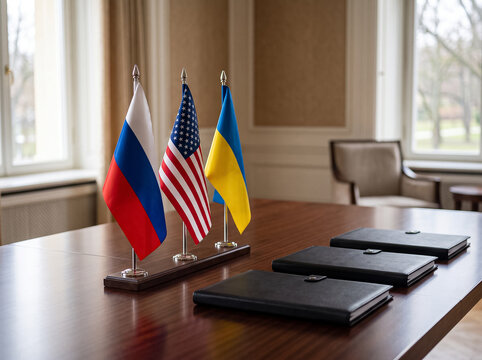 table flags of russia usa and ukraine on a wooden table during an official diplomatic meeting in a bright conference room next to leather folders and documents for negotiations