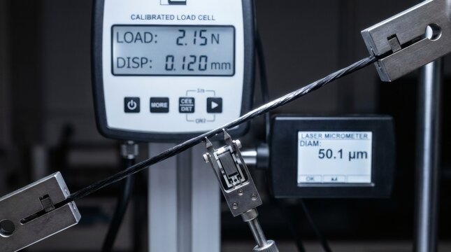 Material testing equipment measuring tensile strength and diameter of cable