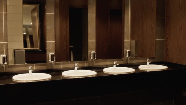 Camera panning across modern public restroom interior featuring row of sinks, large mirrors, and wooden panels. Ideal for hospitality marketing or commercial real estate promotions